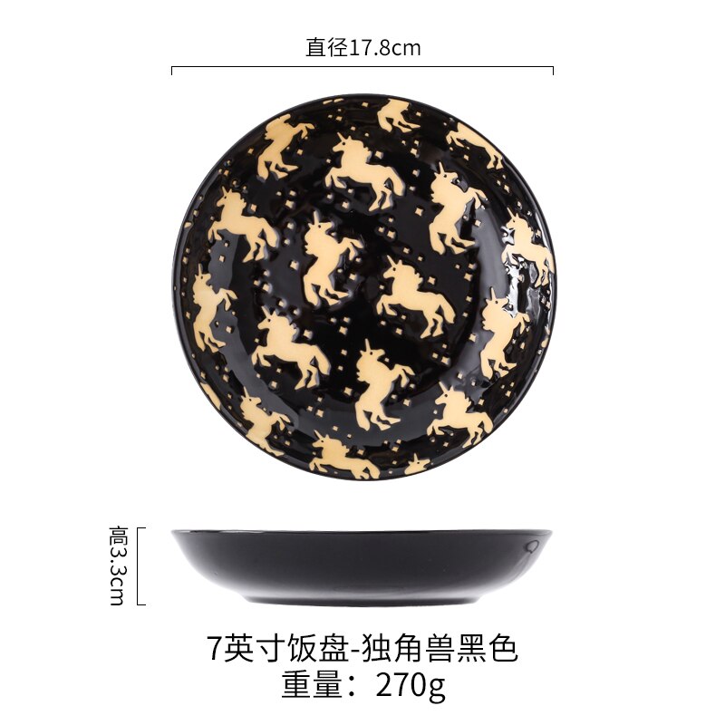 7 inch Ceramic Deep Plate Japanese Style Relief Plat Seramik Steak Dishes Flat Deep Plate Breakfast Dish Household Tableware: unicorn-black