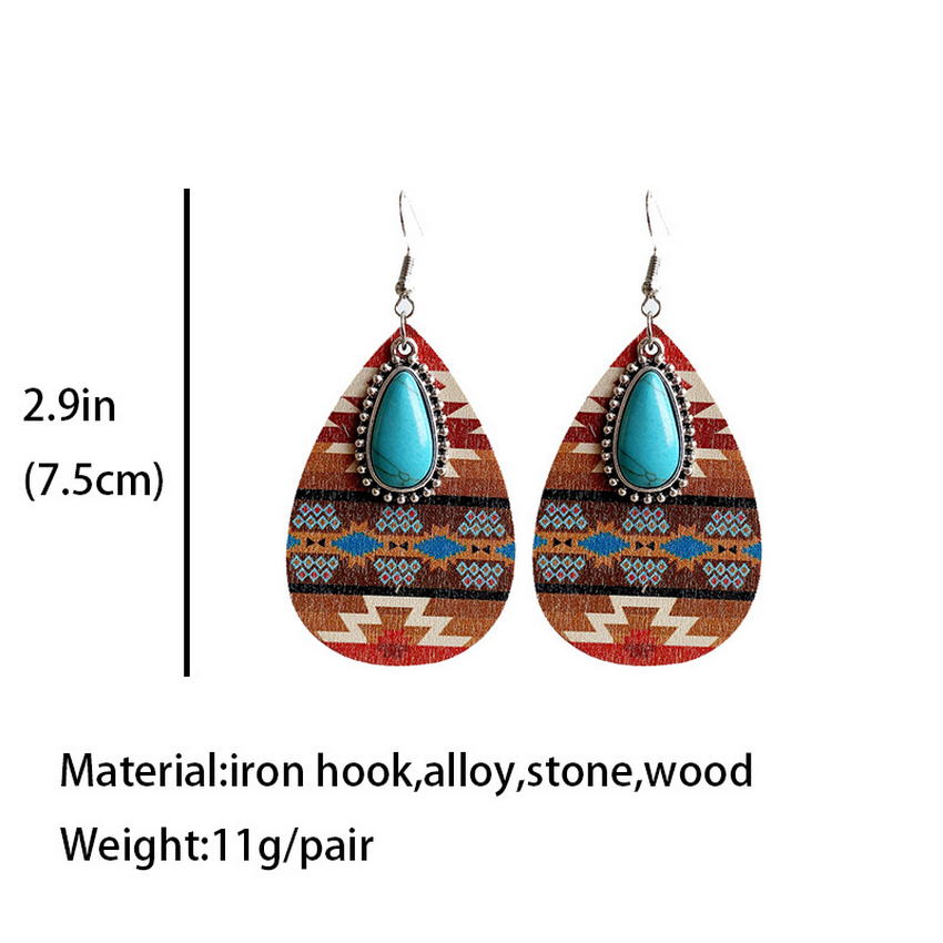 Aztec Pattern Wood Turquoise Teardrop Earrings for Women 2022 Western Inspired Earrings Boho Jewelry