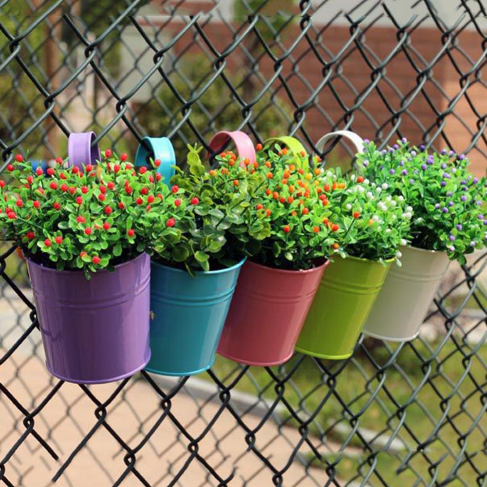 1pcs Multilcolor Metal Hanging Flower Pots Fence Hanging Plant Pots Garden Balcony Wall Vertical Hanging Bucket Holder Basket