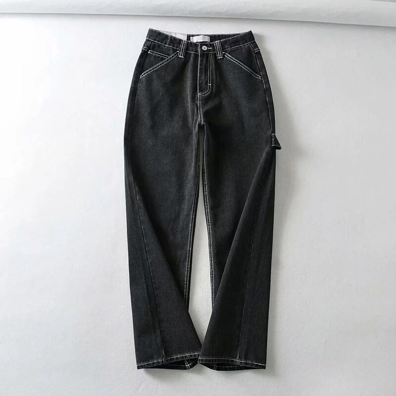 Women High-rise Faded Black Denim Jeans With White Stitching Straight Leg Denim Pants: faded black / S
