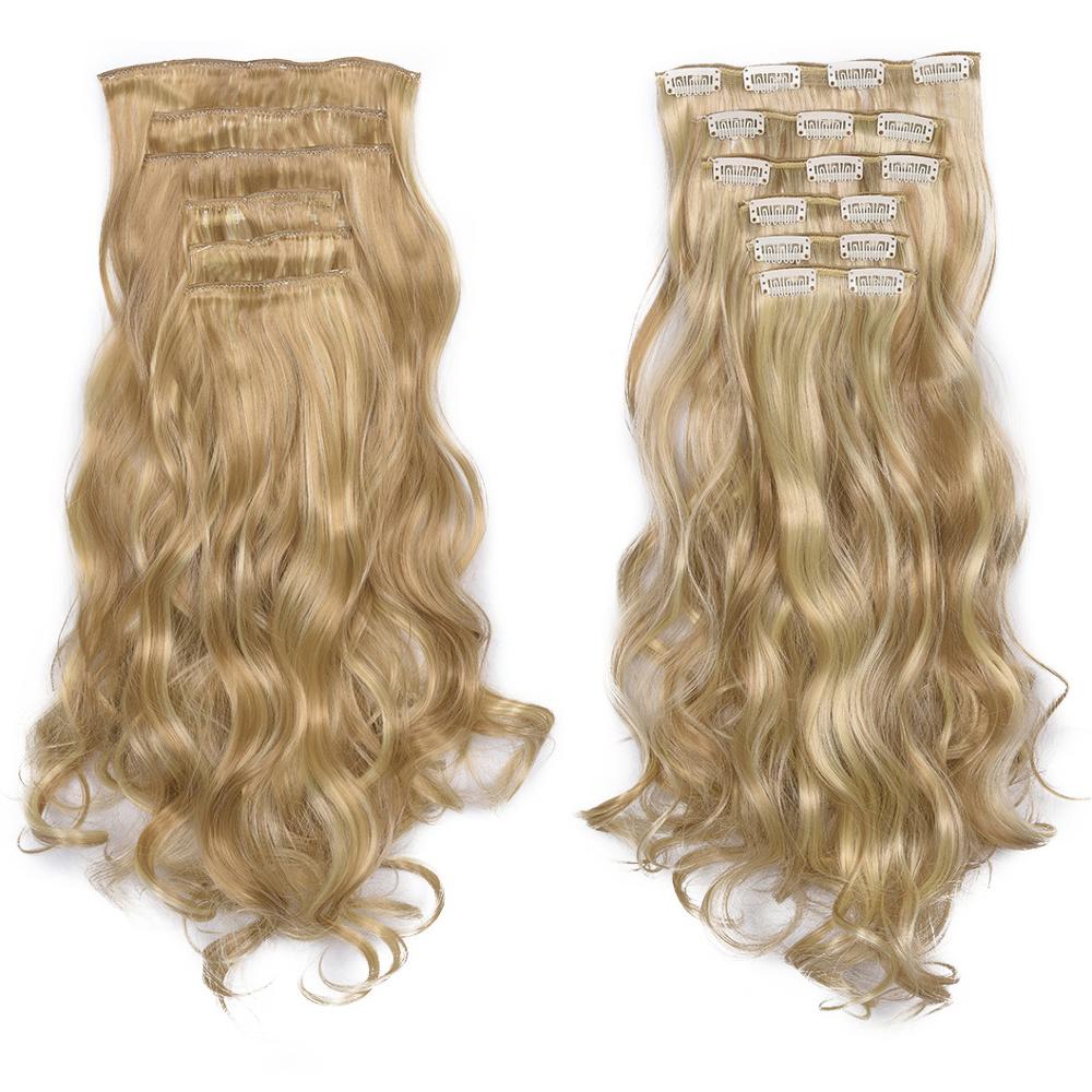 22" 16 Clips Synthetic Body Wave Clip In Hair Extensions Long Curly Heat Resistant Hairpiece Ombre Hair For Women: 24H613