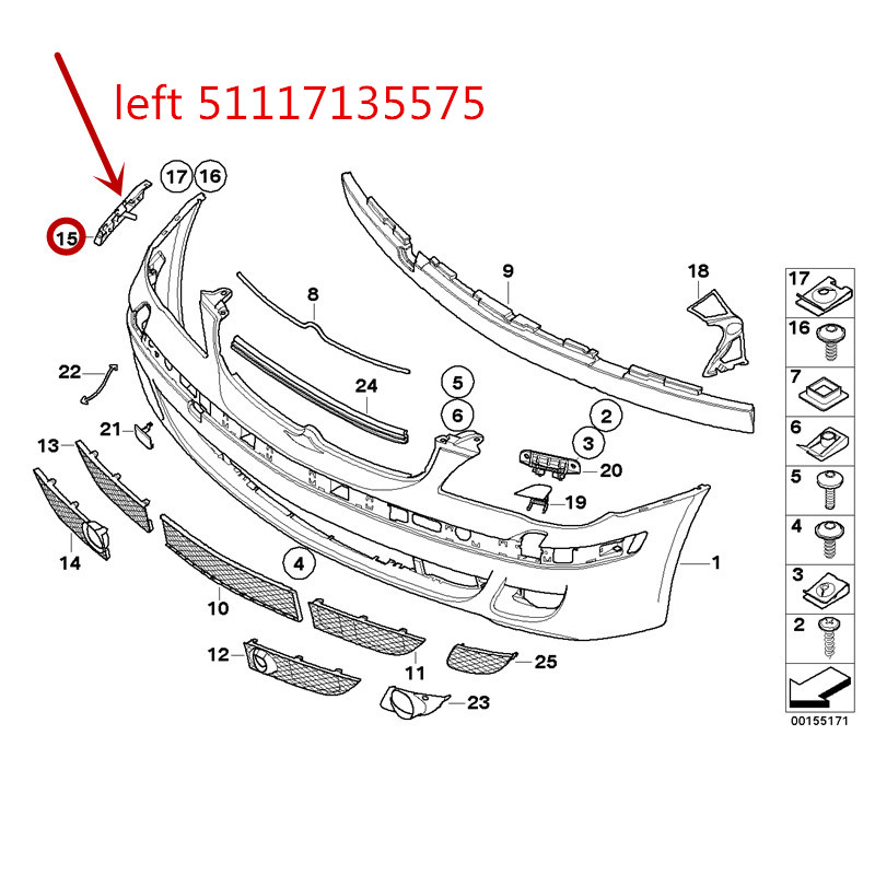 51117135575/576 voorbumper houder 7 Serie E66 728 740 750 760b mw2004 voorbumper beugel Positionering lid Beugel: Donkergrijs