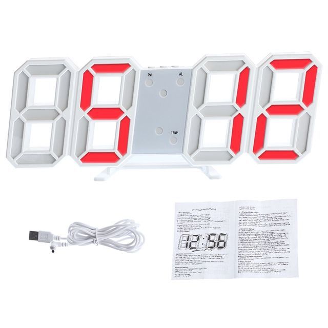 Nordic Digital Alarm Clocks Wall Hanging Watch Snooze Function Table Clock Calendar Thermometer Display Office Electronic Watch: White and red