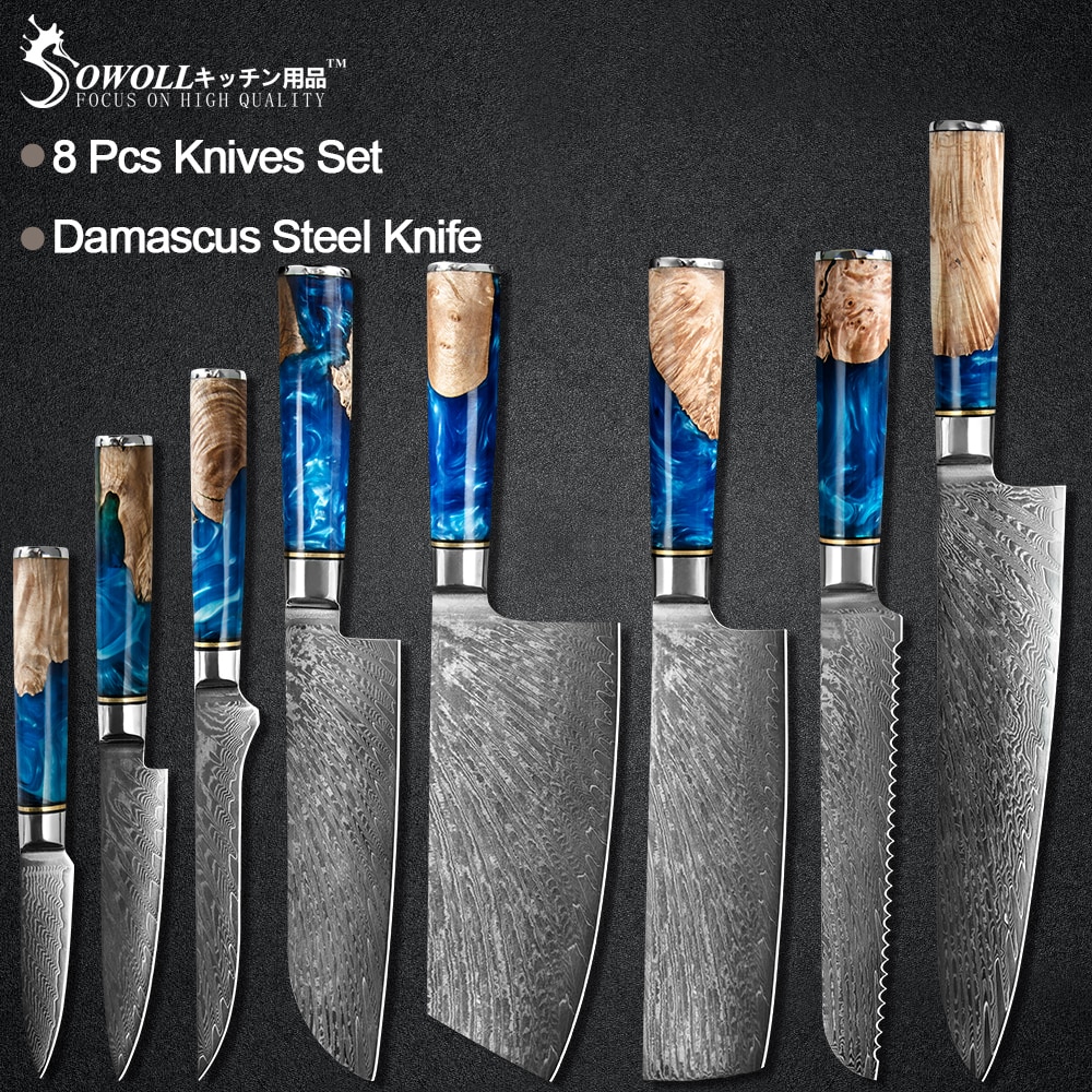 Sowoll 8 stk damaskus stål kokkeknive sæt skarp kniv kniv ægte damaskus knive madlavning køkken gadget værktøjssæt