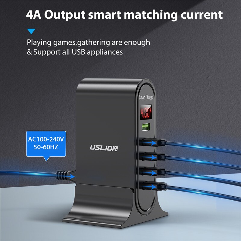 Uslion 5 Poorten Usb Charger Hub Led Display Multi Usb Opladen Station Desktop Muur Thuis Eu Uk Plug Voor Iphone xiaomi Samsung