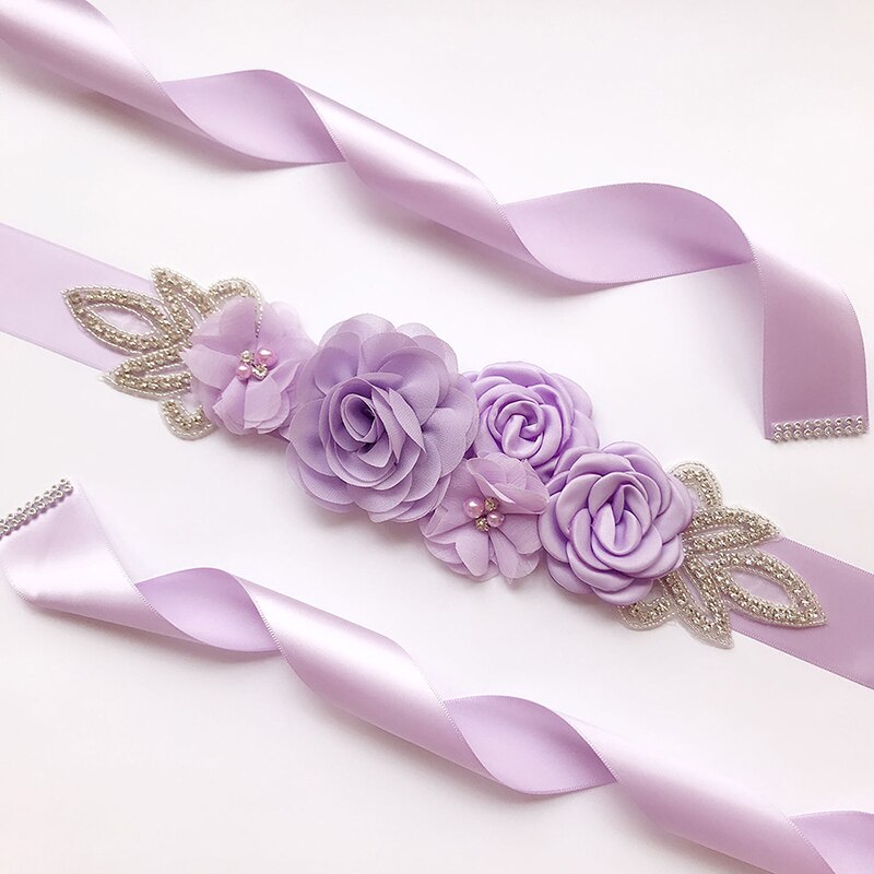 Bröllopsbälten blomma satin bröllopsklänning bälte brud strass band skärp gördel bälte för fest brudtärna kvinnor klänning: Lila
