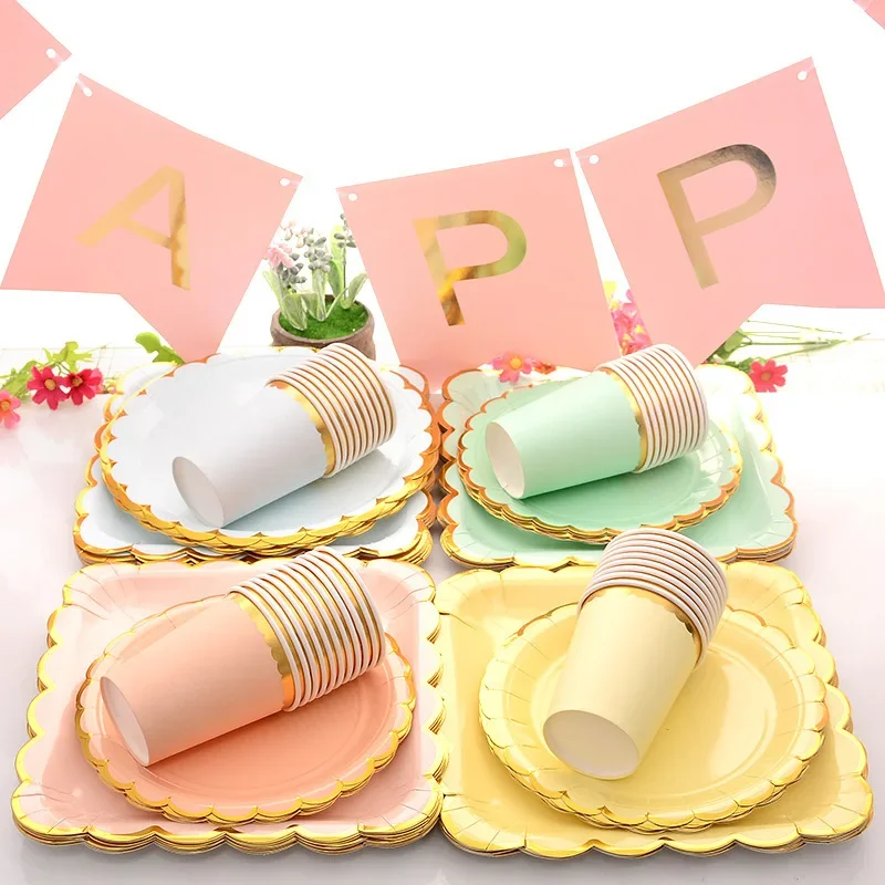 Disposable Tableware Paper Plate Lace Cups Stamping Lace Paper Plates Wedding Happy Birthday Party Supplies Baby Shower