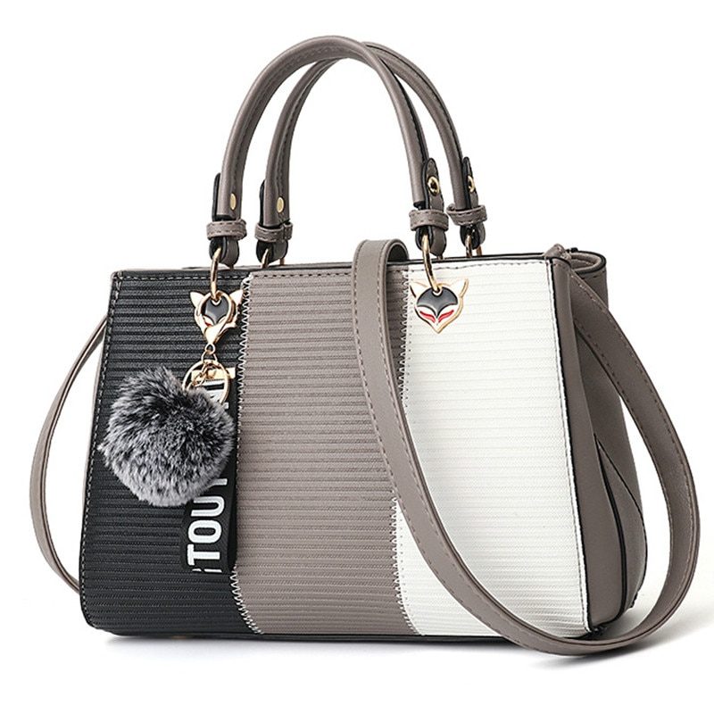 ACELURE PU Leather Handbag - Patchwork Design with Hairball Ornaments & Zipper Closure - Women's Shoulder Tote Bag