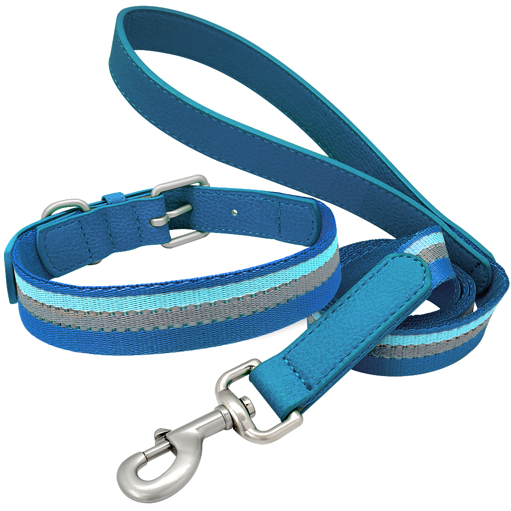 Nylon Halsband En Riem Set Verstelbare Reflecterende Strip Halsbanden En Huisdier Wandelen Lead Leash Voor Small Medium Honden pitbull: Blauw / M