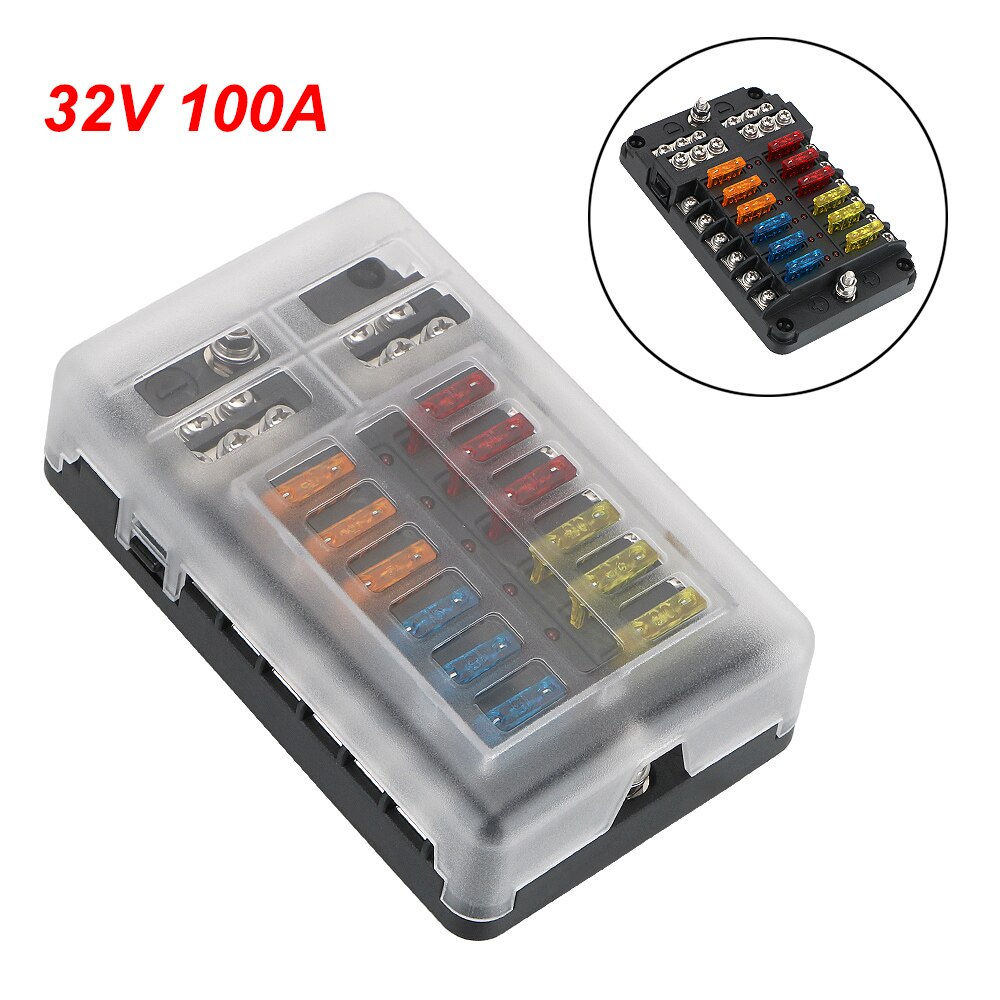 For Auto Car Marine Plastic Cover Fuse Box Holder 100A 32V 6 Ways 12 Ways Blade Fuse Block With LED Indicator Light M5 Stud