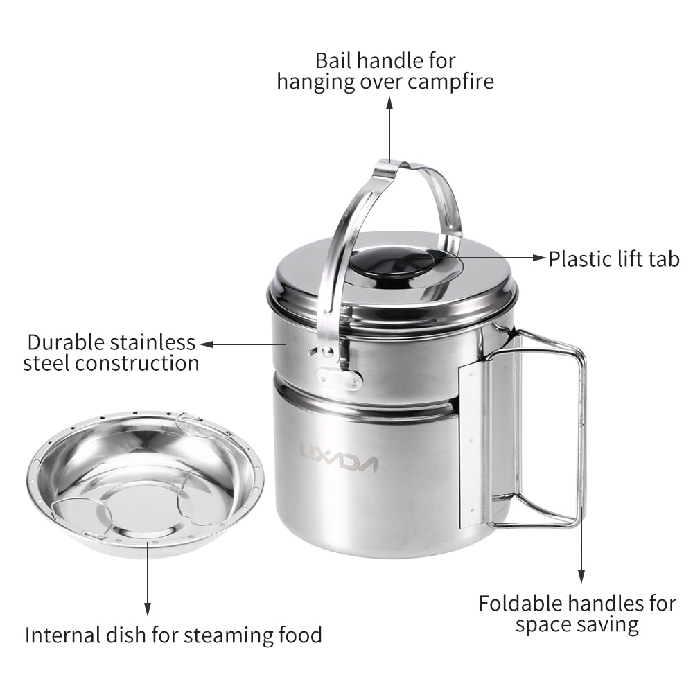 Lixada Outdoor Hiking Camping Cookware Set Stainless Steel Handle Camping Pot Cooking Tableware Picnic Set Pot Dinnerware