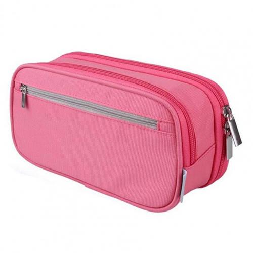 Pen Bag Waterproof Easy to Grasp Canvas Three-layer Pencil Case for School: Pink