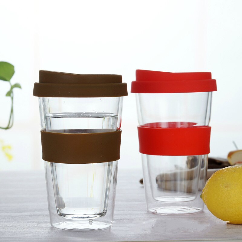 400ml genomskinliga kaffekoppar med silikonöverdrag tjockt dubbelglas resekaffemugg resemugg med lock modern