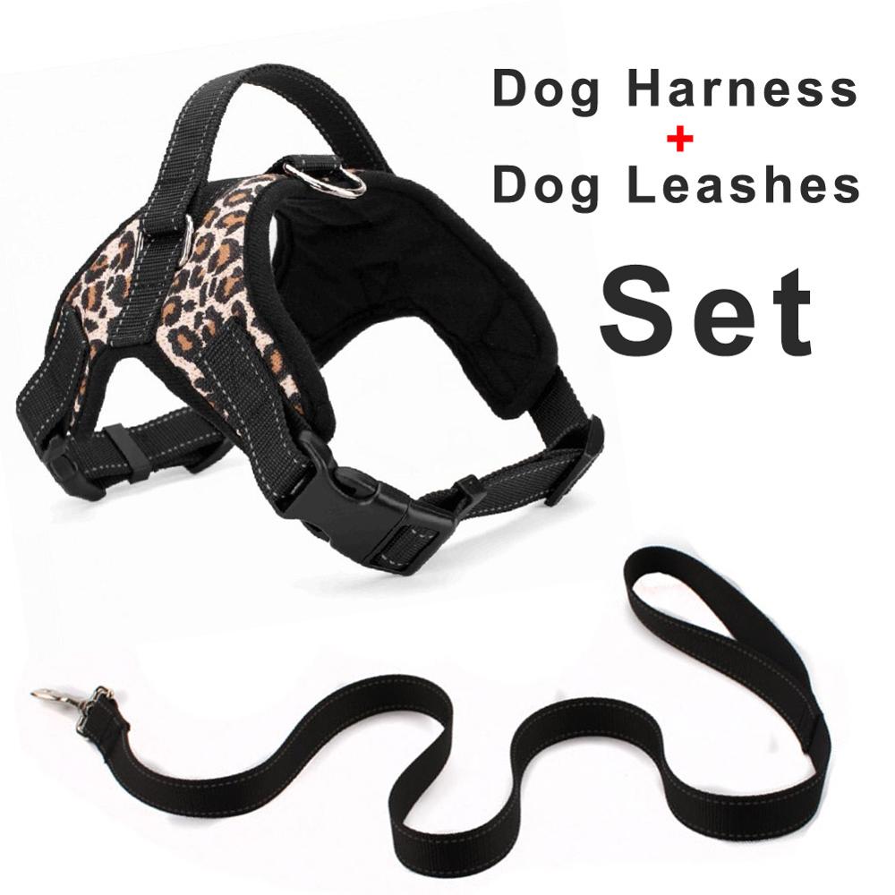 Oxford Hond Harnas + 120 cm Riemen Set Voor Grote Middelgrote Kleine Honden Verstelbare Reflecterende Harnassen met Doberman herder husky: Leopard / Xl