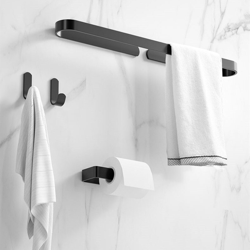 Toallero de aluminio sin clavos para baño, soporte de toalla de baño sin agujeros, color negro