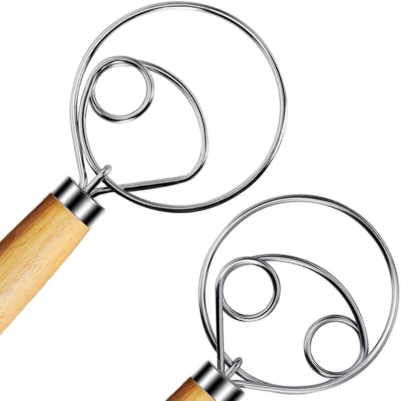 2Pcs Danish Dough Whisk, 13 Inch Stainless Steel Dutch Whisks, Wooden Danish Whisk, Whisk Kitchen Tool for Bread, Batter