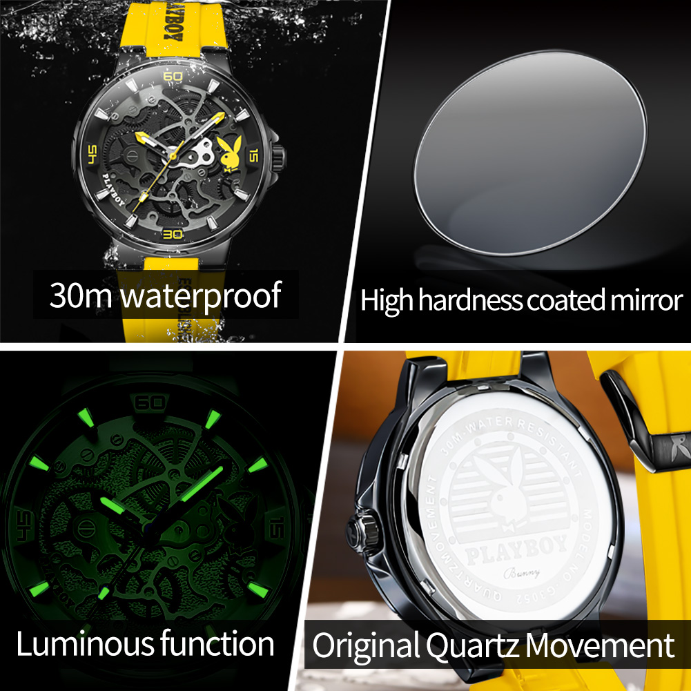 PLAYBOY, relojes clásicos originales de para hombre, relojes luminosos de lujo con correa de silicona resistente al agua para hombre
