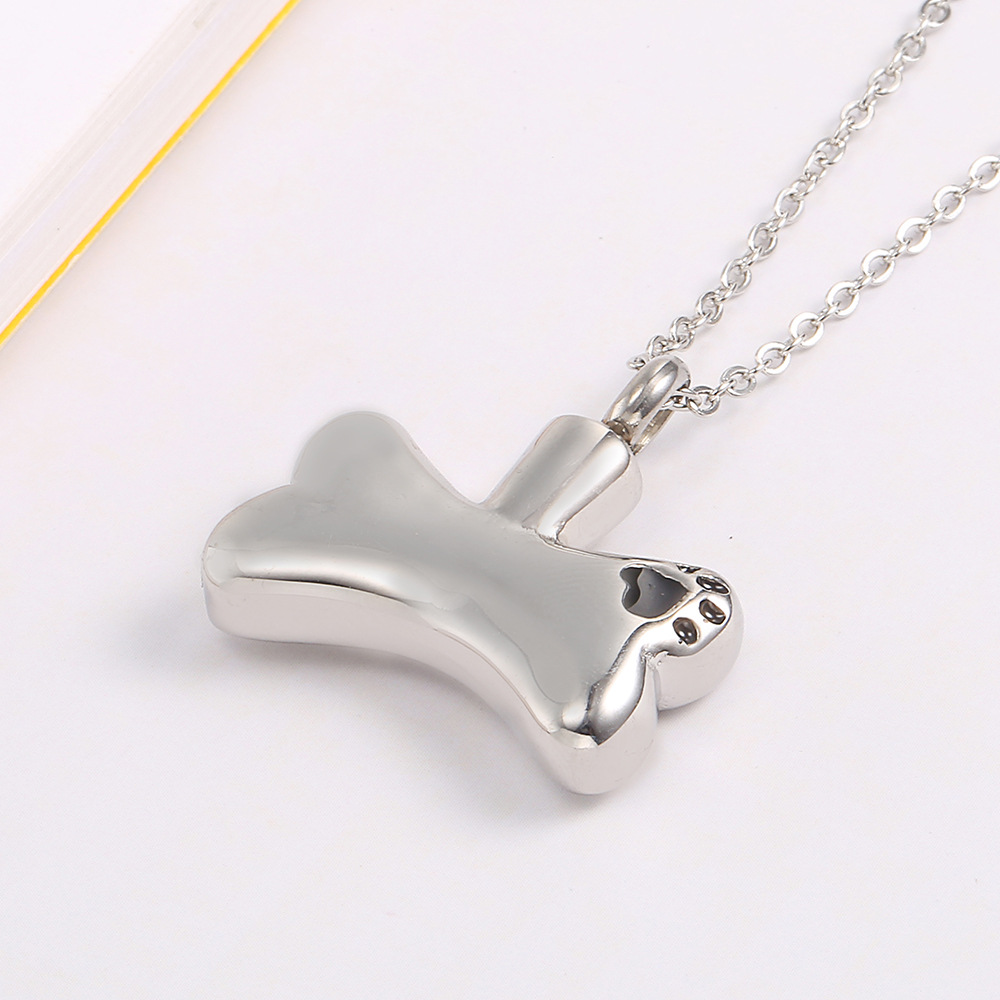 Memorial pet bone ashes pendant titanium steel dog bone dog paw print perfume necklace stainless steel fillable pet urn pendant: B