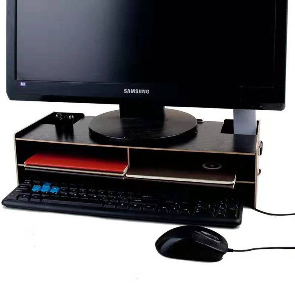 Houten Computer Monitor Organizer Escritorio Tv Pc Stand Toetsenbord Houder Bureau Organizer Thuis Bureau Opbergdoos Case: black
