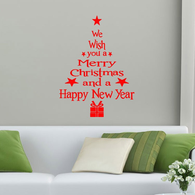 Merry Christmas Window Wall Stickers Posters Decals Waterproof Blessing Happy Year Christmas Tree Stars Home Decor: Red
