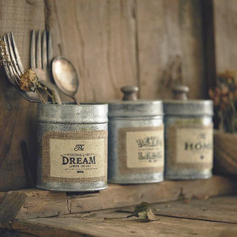 Organizer Desktop Sundries Box Kitchen Tableware American Retro Antique Metal Storage Jar Box Nuts Jar Snack Home Decoration