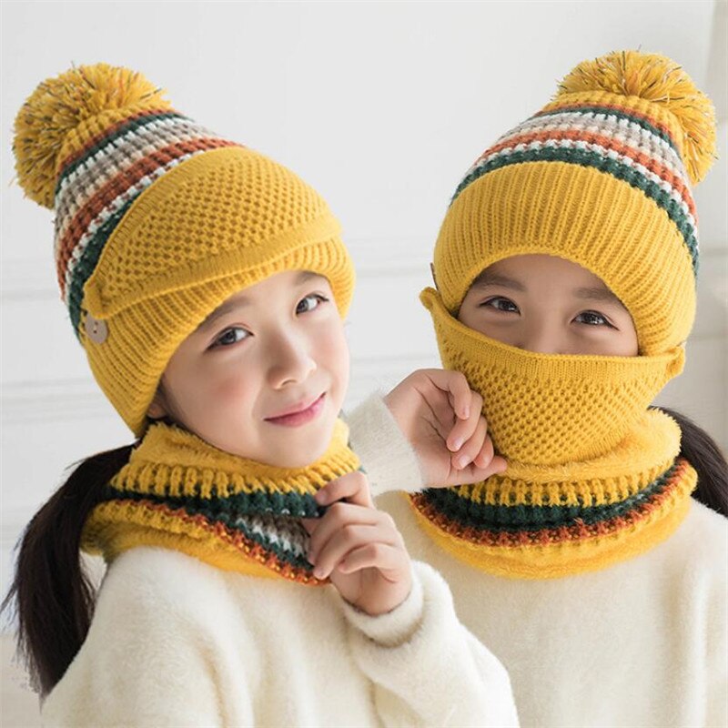 Girls Winter Knit Hat And Scarf Set Child Plush Warm Pom Pom Cap Scarves With Mask Big Kids Stripe Circular Scarf Hat 4-12T