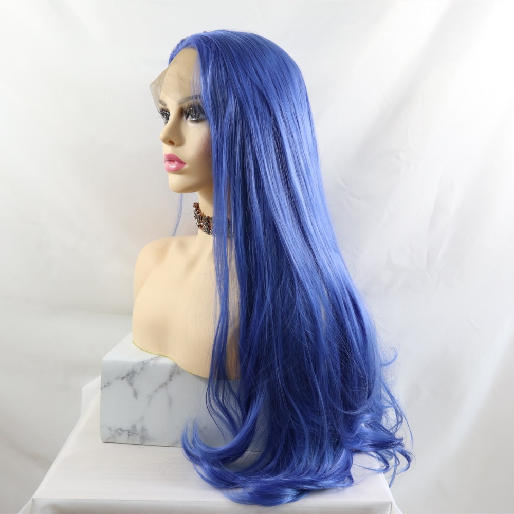 Marquesha indigo blå syntetisk blonder front paryk realistisk udseende lys bølget blonder front syntetiske parykker til kvinder