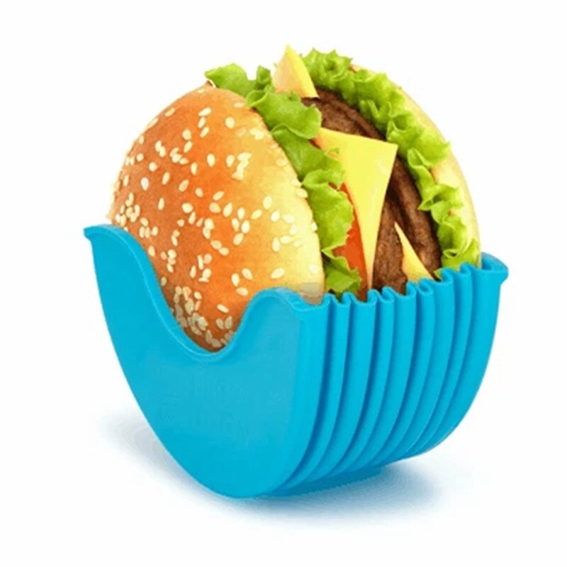 2PC Reusable Burger Holder Burger Buddy Fixed Box, Expandable Adjustable Silicone Burger Holder Hamburger Box: Blue