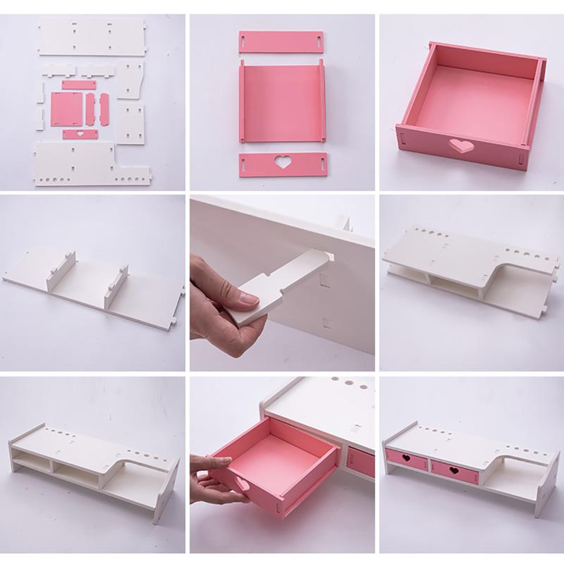 Blue Pink Monitor Laptop Stand Monitor Support Computer Stand PVC Wood Monitor Riser Desktop Shelf 3 Drawers Screen Riser Holder