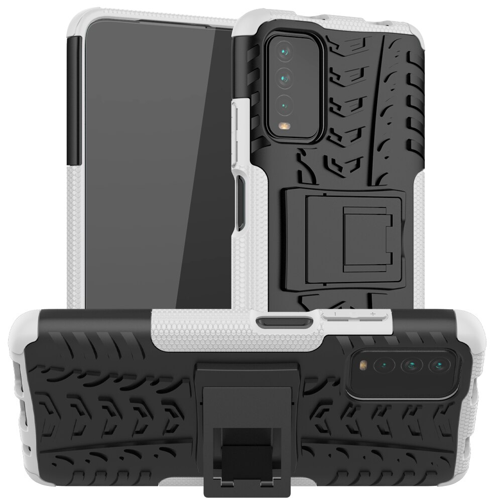 For Xiaomi Poco M3 Case Anti-knock Bumper Heavy Duty Armor Stand Hard Back Cover Poco M3 Silicone Phone Case For Xiaomi Poco M3: White
