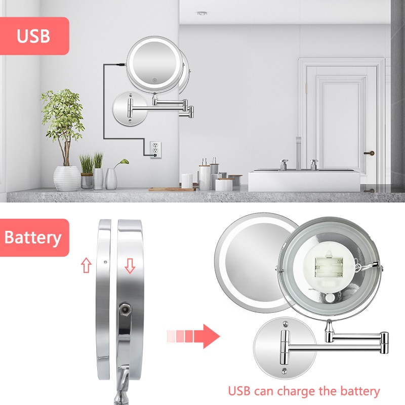 Led Makeup Mirror With Light Folding Wall Vanity Mirror 1x 10x Magnifying Double Sided Touch Bright Adjustable Bathroom Mirrors