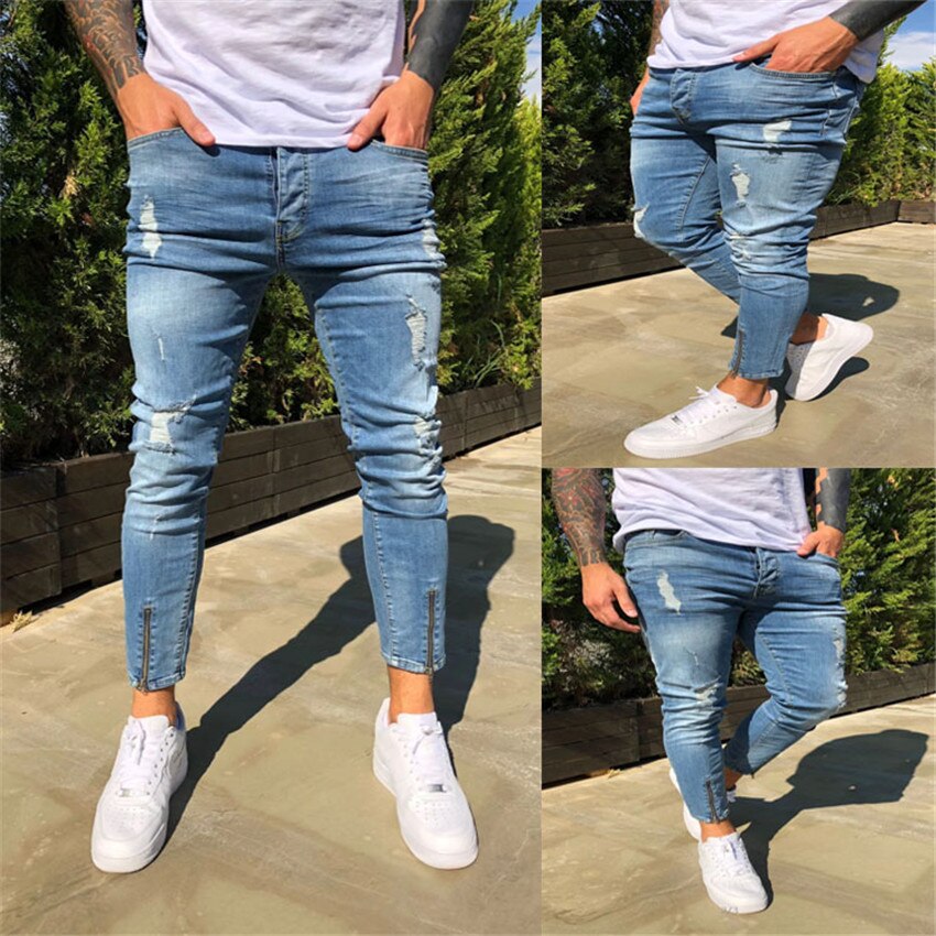 Jean en Denim déchiré et détruit pour Homme, pantalon Streetwear, style Hip hop, slim, Punk, longueur cheville,