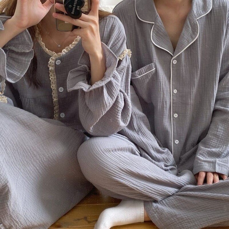 QWEEK Korean Night Dress Women Cotton Sleepwear Couple Home Suit Spring Autumn Pyjama Sets Lace Pijamas Long Sleeve Nightwear