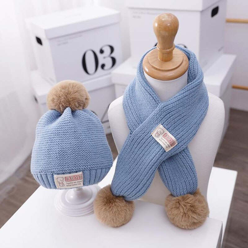 Doitbest 1 to 4 år gamla baby barn mössa hår boll enfärgad 2 st pojkar flickor vinter stickad hatt halsduk set: Blå