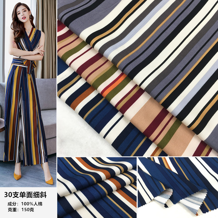 Tela estampada de rayón oblicuo fino de un solo lado para mujer, tejido con rayas de Color, ropa de , 30 hilos