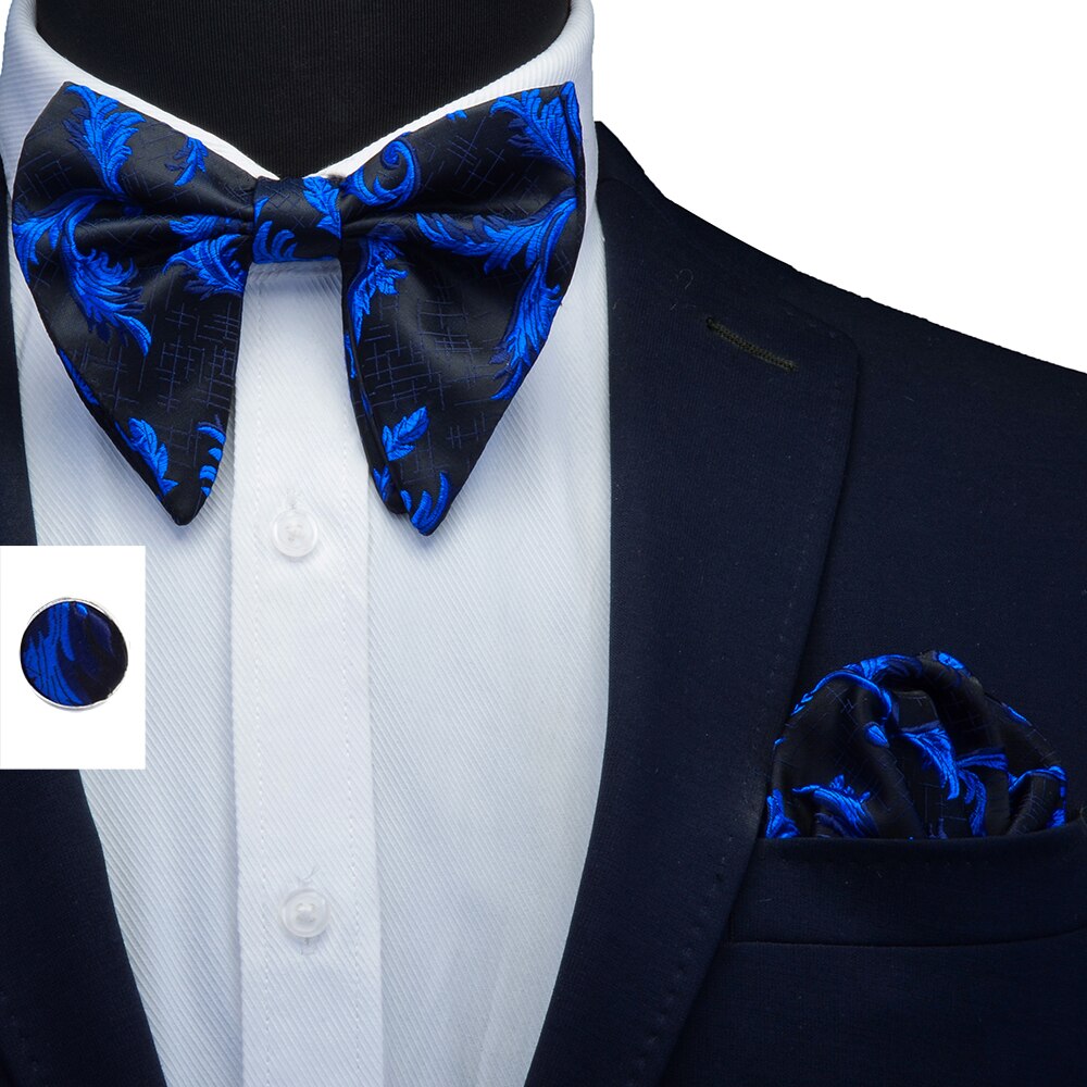Pajarita grande para hombre, conjunto de gemelos, pañuelo Floral de doble pliegue, pajaritas Rojas, cuadrados de bolsillo para boda,: Azul