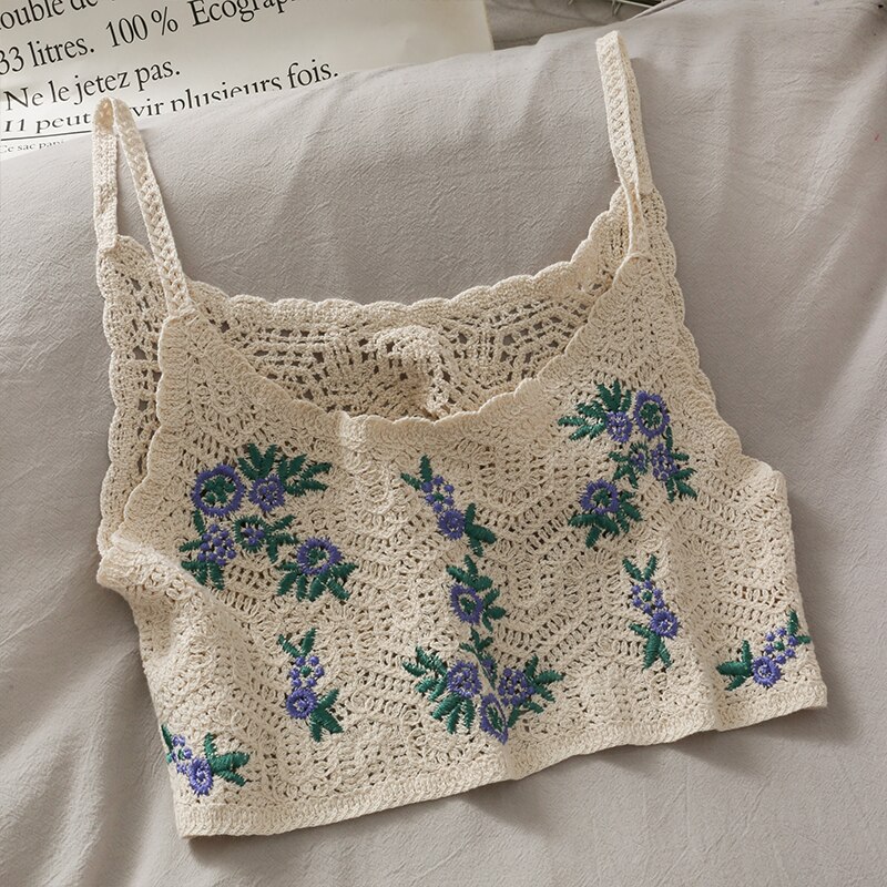 Neulotut crop topit spagettiolkaimet toppi kirjailtu cami hollow perspektiivi slim fit camisole hihattomat ins