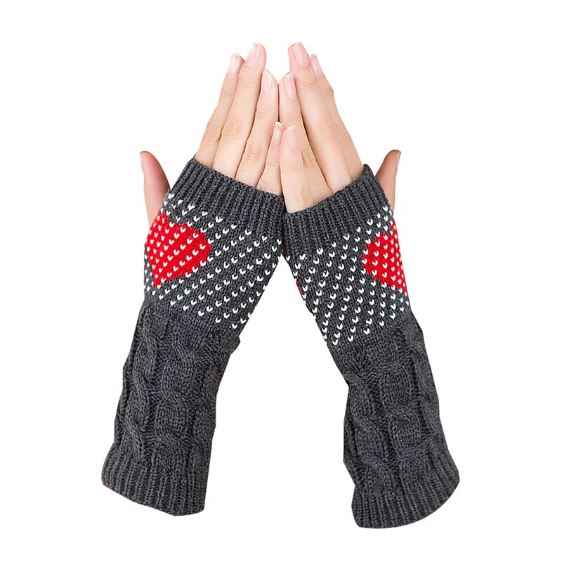 1 Pair Winter Heart Printing Half-finger Gloves Women Stylish Thick Warm Knitted Arm Wrist Warmer Fingerless Cute Gloves: Dark Grey