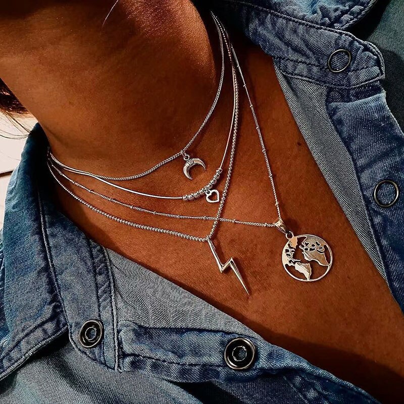 Collana del Choker Per Le Donne Dell'annata Boho Catena D'oro Collares Gioielli Terra Luna Rotonda Chic Layered Collane Pendenti Con Gemme E Perle Accessori: S5-Silver