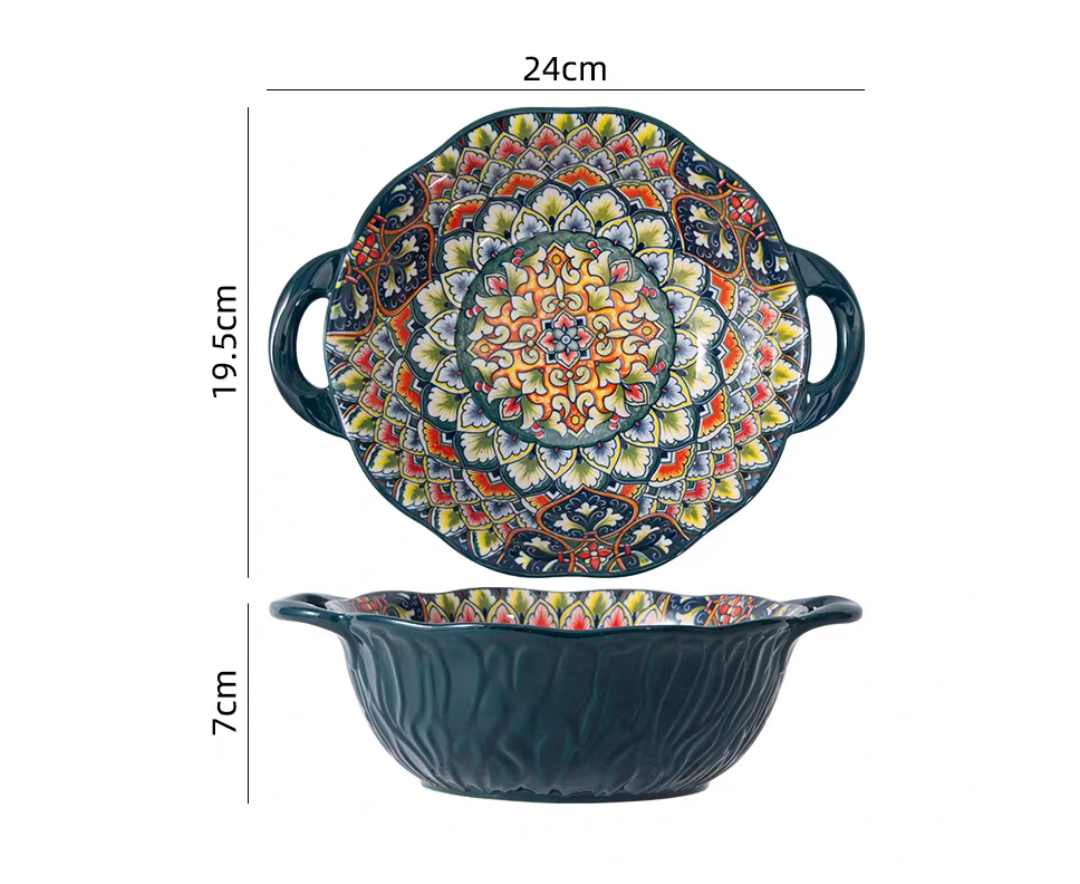 Tigela de sopa de cerâmica estilo boêmio com alça, design seguro para micro-ondas em relevo, ótimo para servir sopa, saladas, macarrão ramen: Verde exército