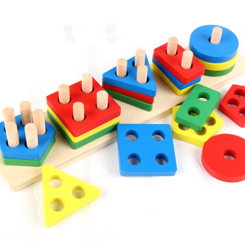 Colorful Geometric Shapes Matching Toys Hands-on Ability Four Columns Block Montessiri Wooden Educational Toy For Kids