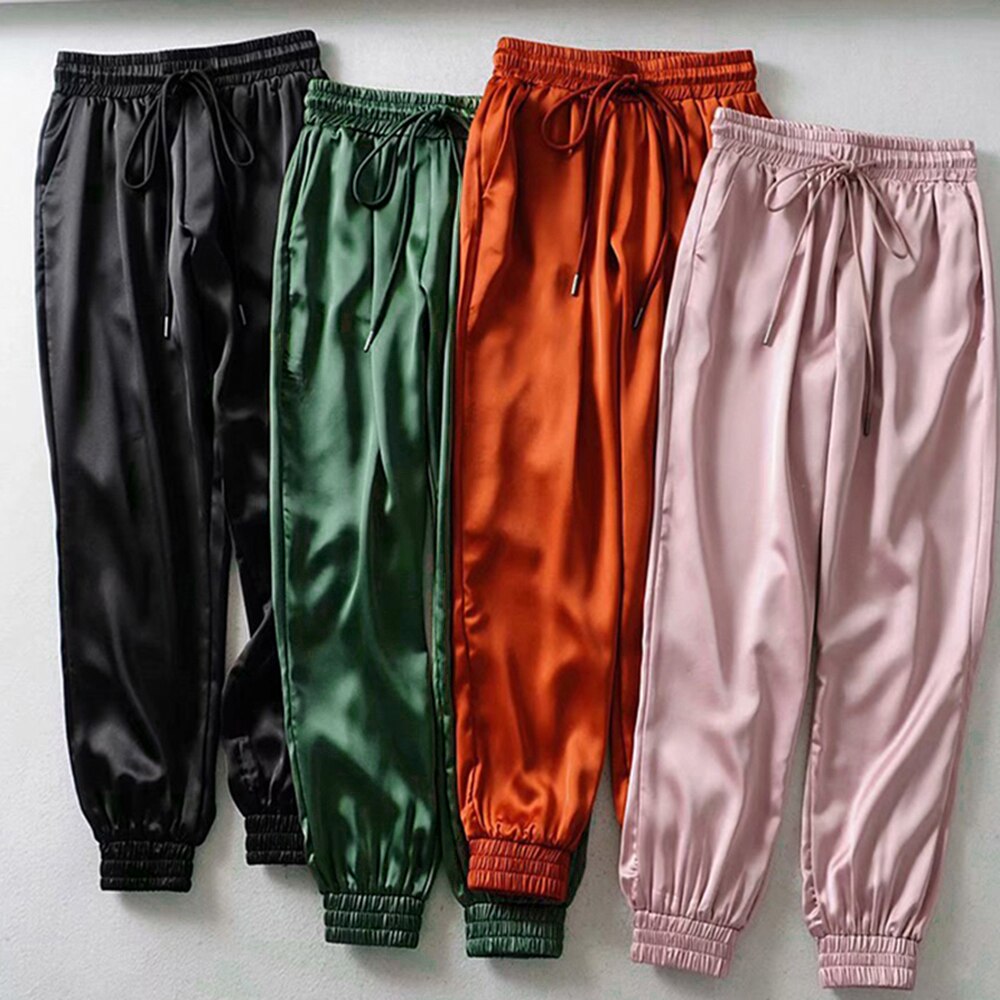 Kvinner sommer sateng last bukser kvinner europa snøringe løs fritidssport bukse kvinner bf joggere streetwears last bukser