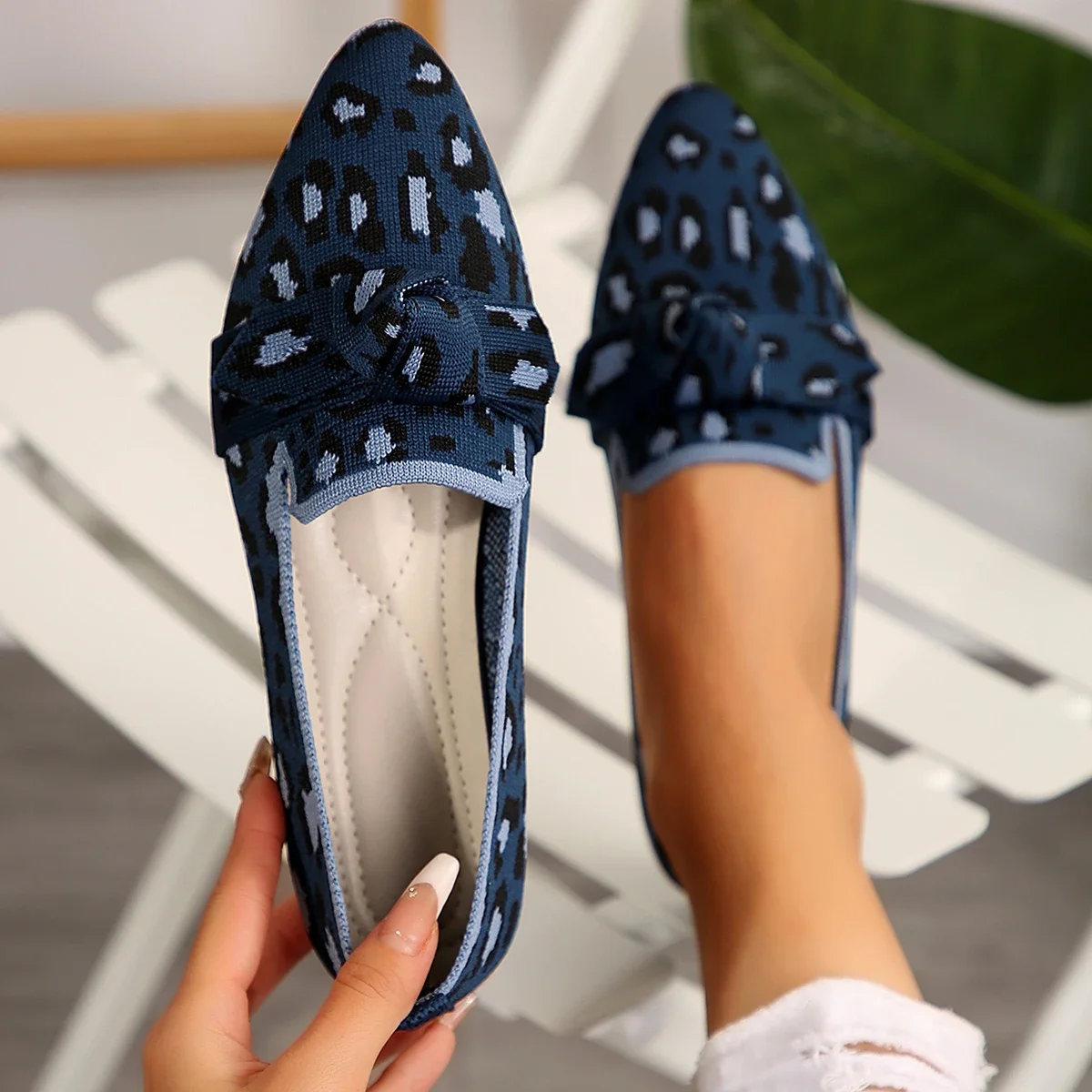 Mocassini da donna Papillon Appartamenti di lusso Lavorato a maglia Slip Scarpe comode e traspiranti Casual Mocassini da passeggio con punta a punta Calzature: Blu / 36