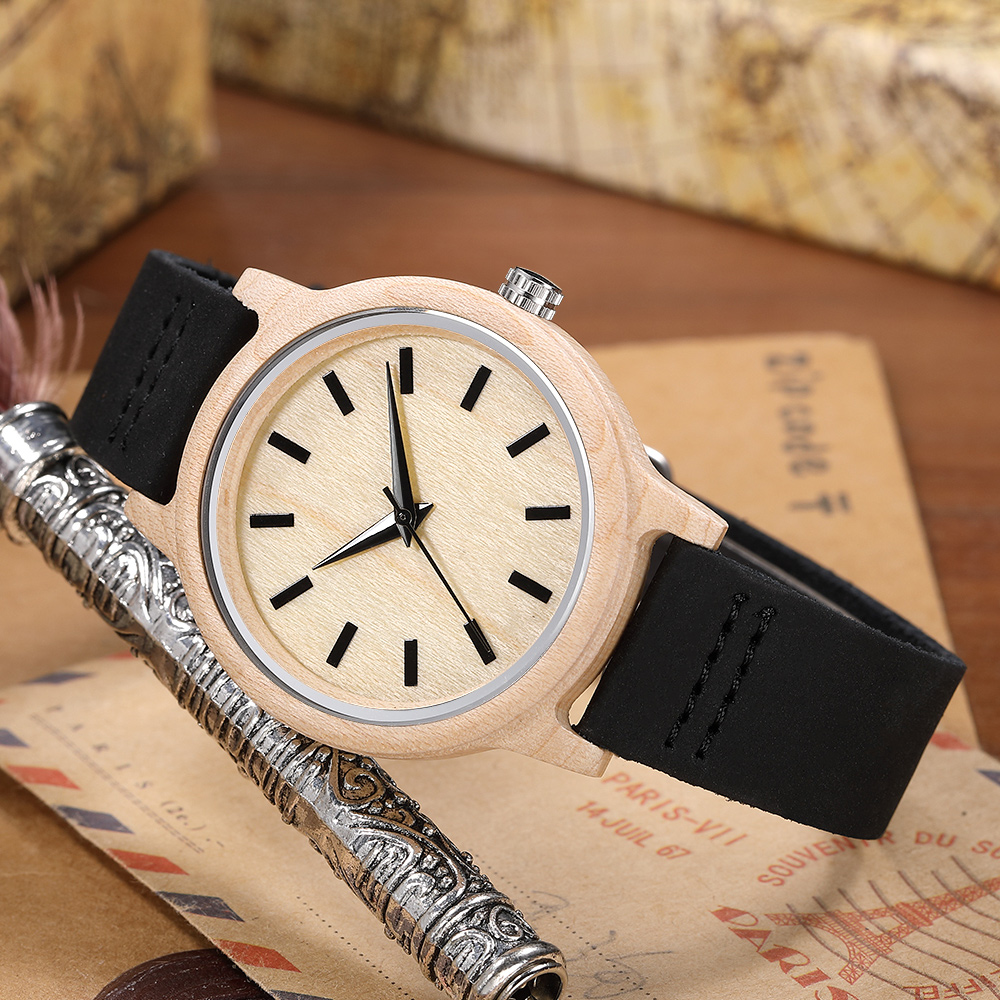 Wooden Quartz Movement Watch Men Lady Symmetrical Color Blocking Dial Wooden Strap Trend Couple Watch 2022 W367