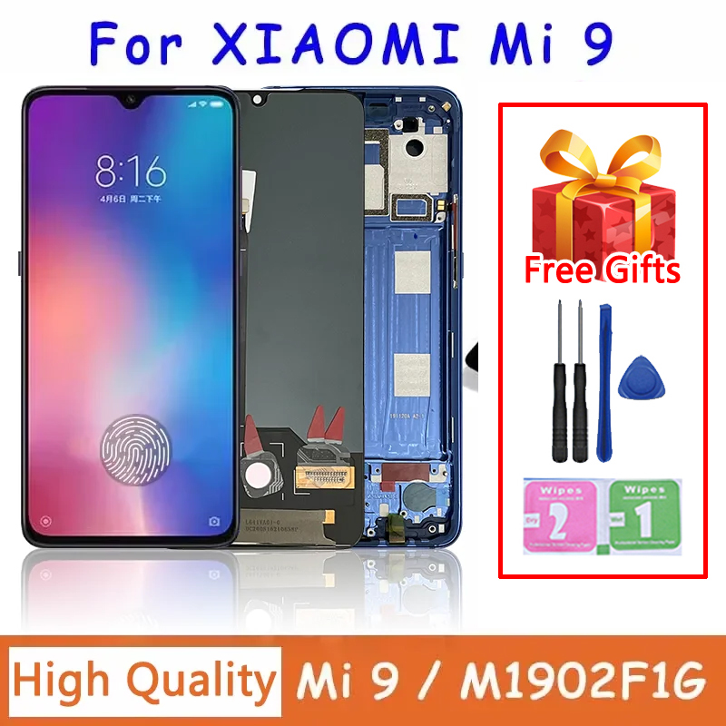 Super AMOLED 6.39" For xiaomi Mi 9 LCD Display Touch Screen Digitizer Assembly with Fingerprint For xiaomi Mi9 M1902F1G Display