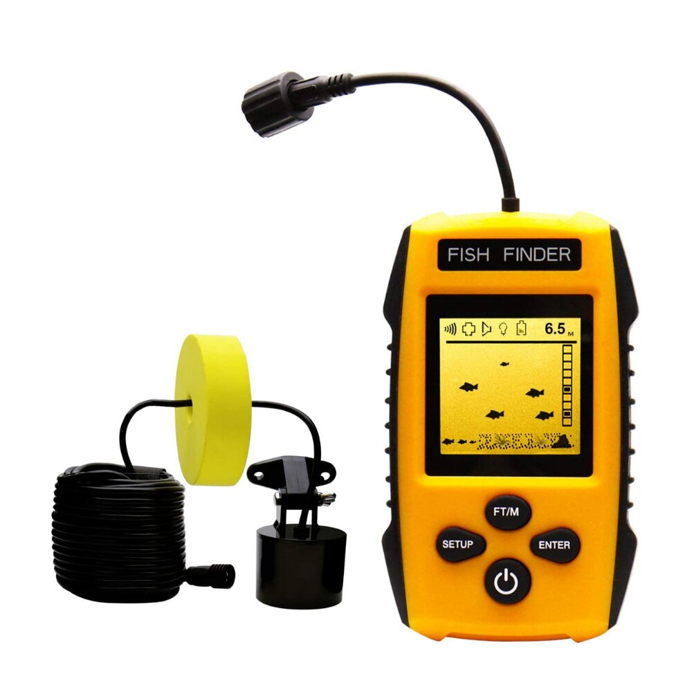 Portable Fish Finder Handheld Fishfinder Fishing Gear Depth Finder with Sonar Transducer and LCD Display (Yellow)
