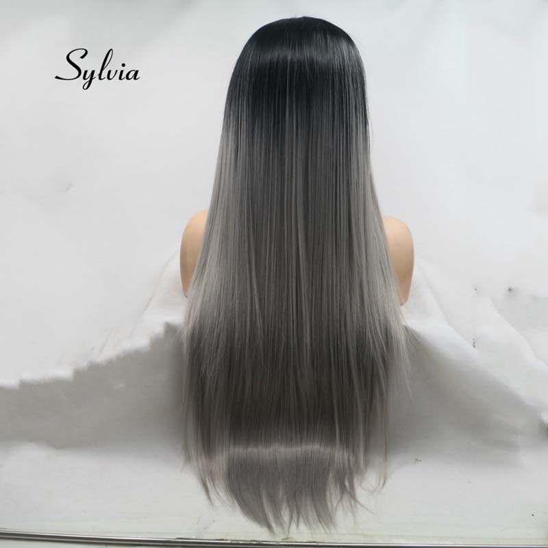 Nicole-Peluca de pelo liso degradado de dos tonos, pelo largo y sedoso de encaje sintético en U, resistente al calor, color negro y gris
