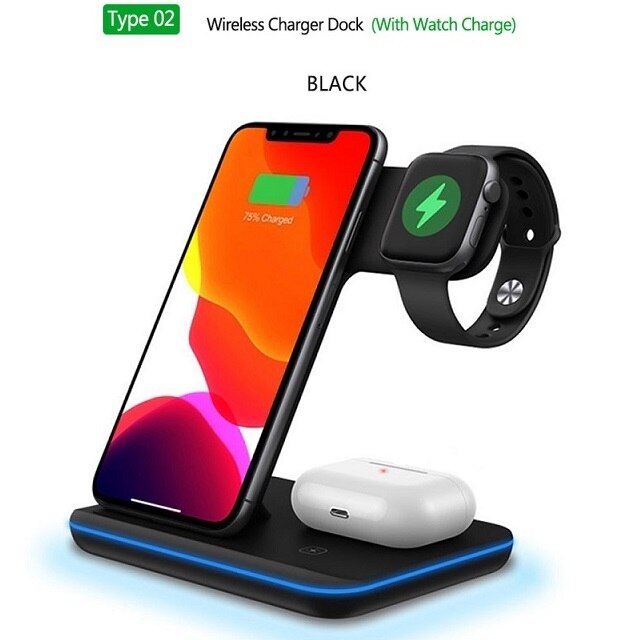 3 in 1 15W Wireless Charger Stand for iPhone 11 X XS XR 8 Qi Quick Charge Dock Station For Apple Watch Series 5/4/3 AirPods Pro: 15W Black