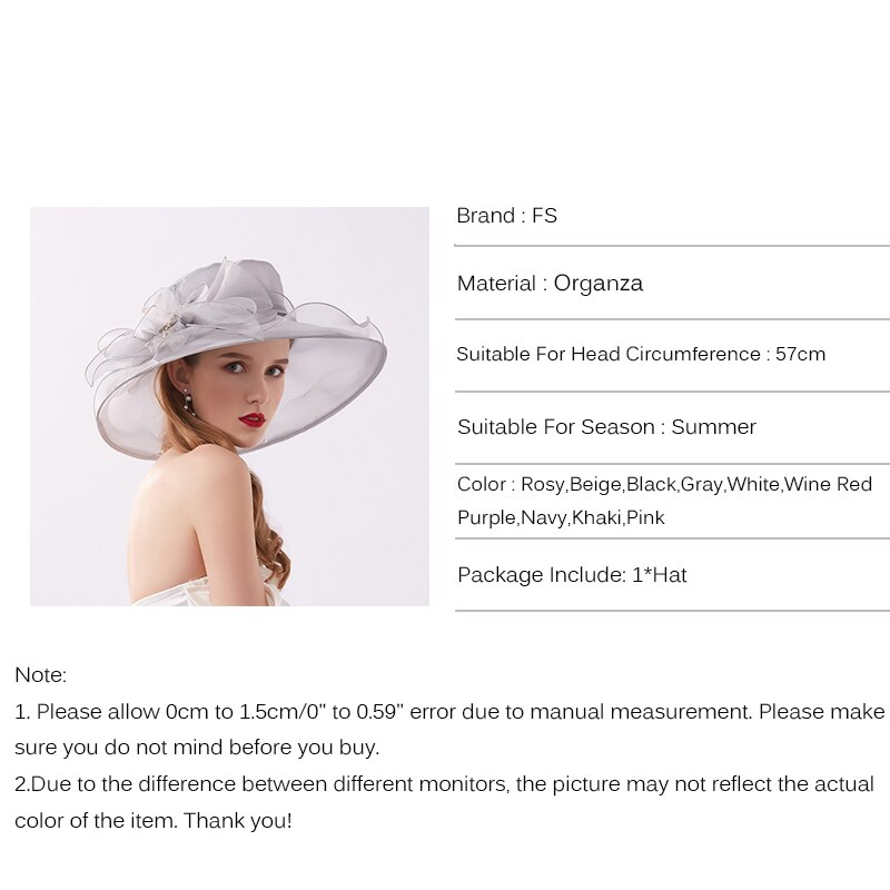 FS -sombreros de Iglesia transpirables para mujer, sombrero de ala ancha de Organza, gris, púrpura, para de té, con flor de malla