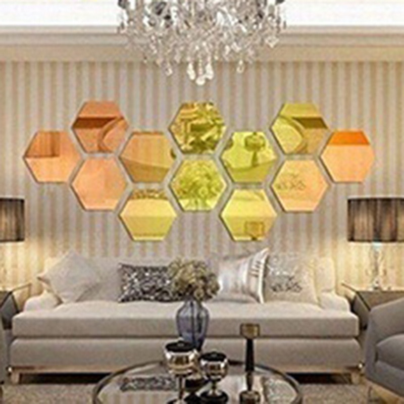 12Pcs 3D Hexagon Acrylic Mirror Wall Stickers DIY Art Wall Decor Stickers Living Room Mirrored Sticker Gold Home Decor